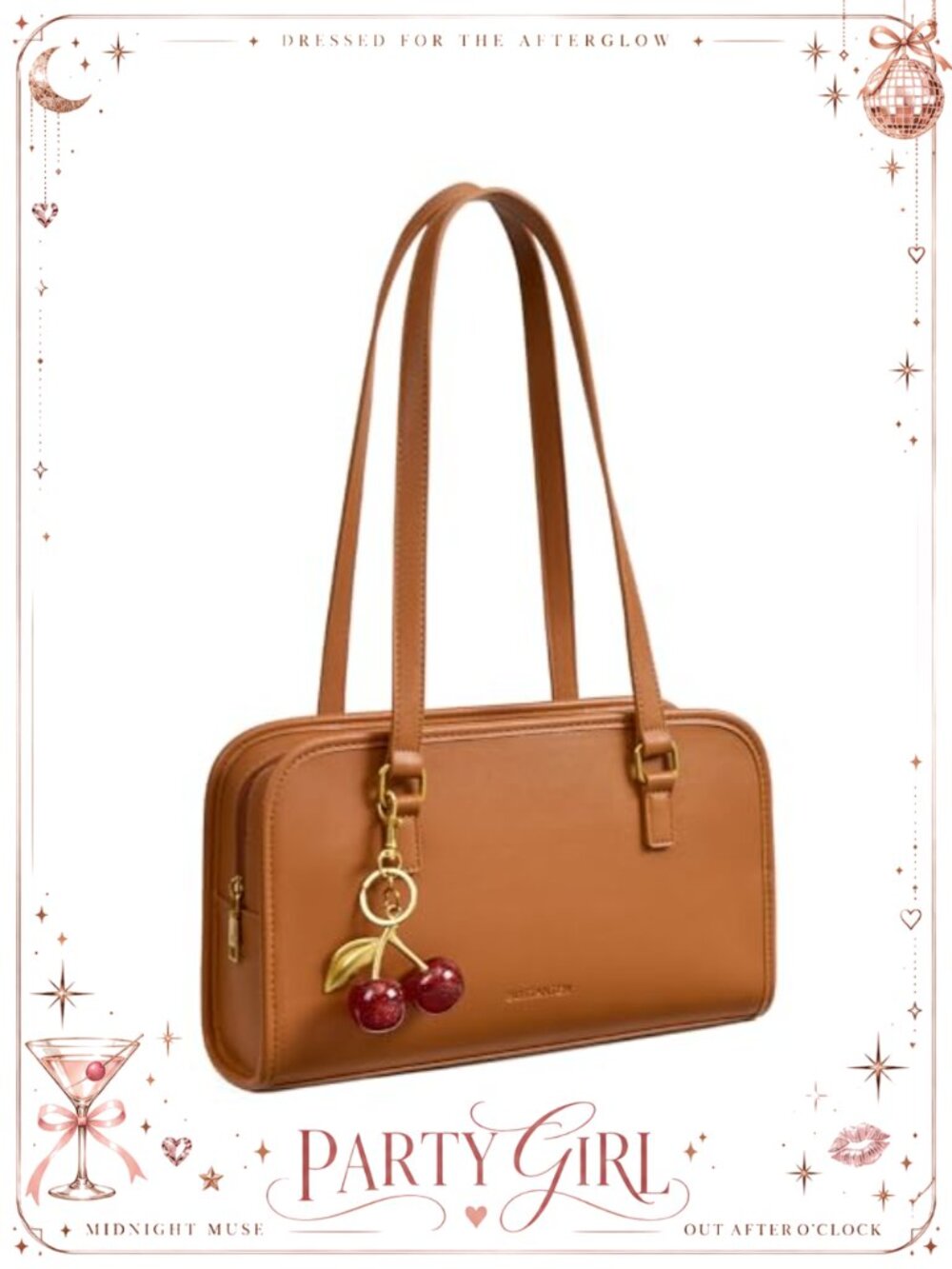 Vegan Leather Medium Shoulder Bag Cherry Charm Zipper Satchel Everyday Purse